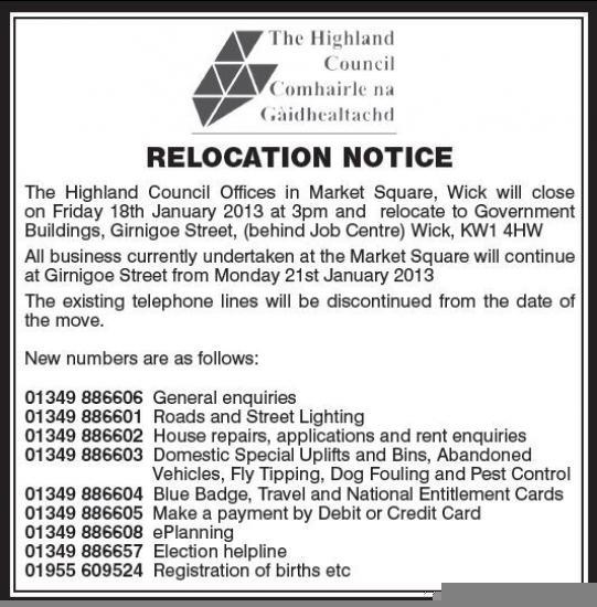 Photograph of New Wick Council Telephone Numbers From Monday 21st January