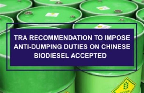 Photograph of TRA recommendation to impose duties on Chinese biodiesel accepted